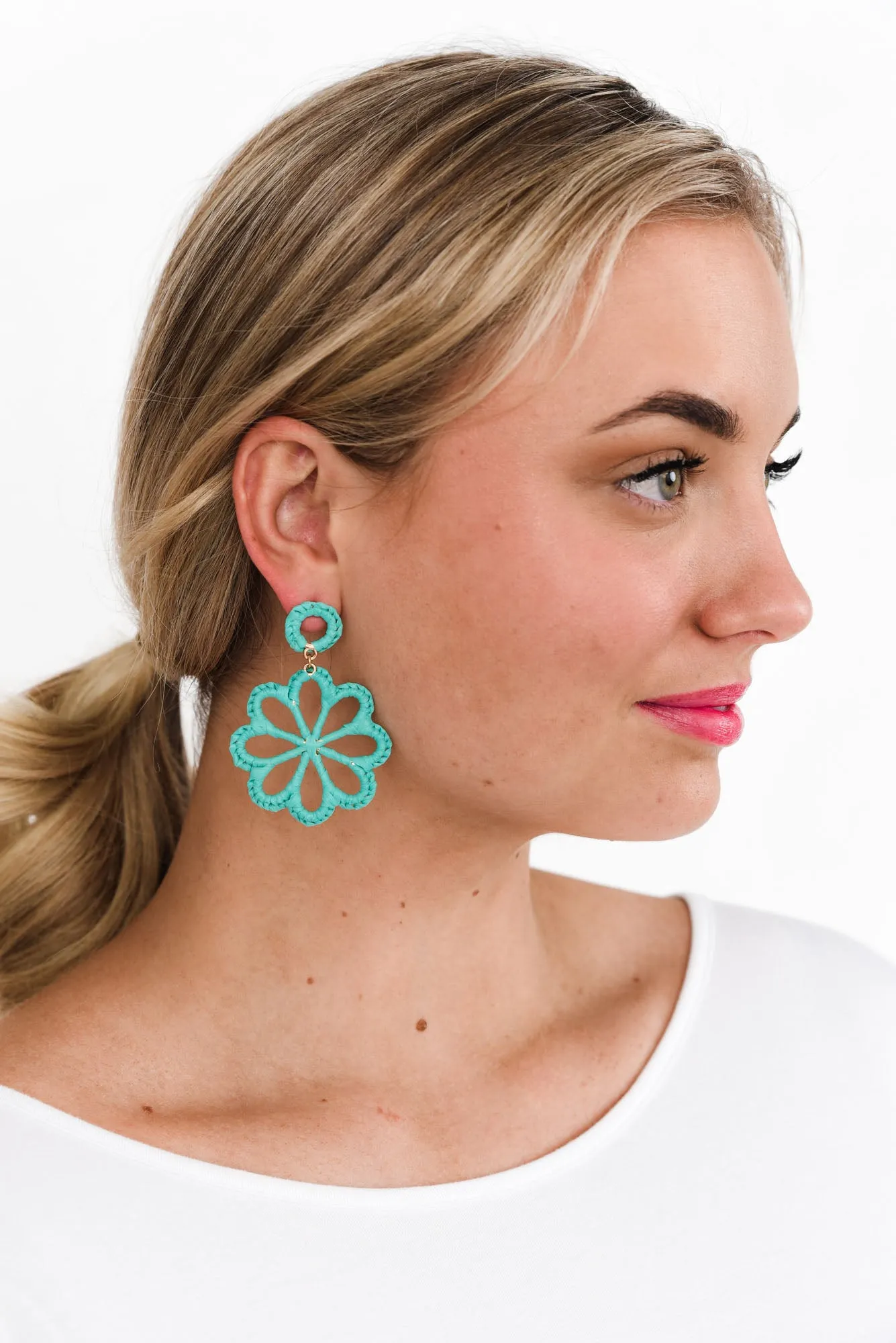 Mirta Teal Raffia Flower Earrings sold by Blue Bungalow product image thumbnail 2
