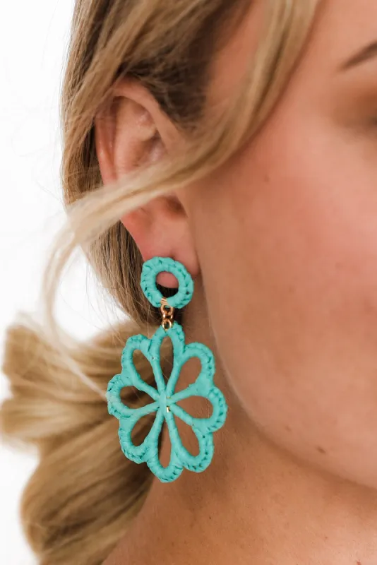 Mirta Teal Raffia Flower Earrings sold by Blue Bungalow