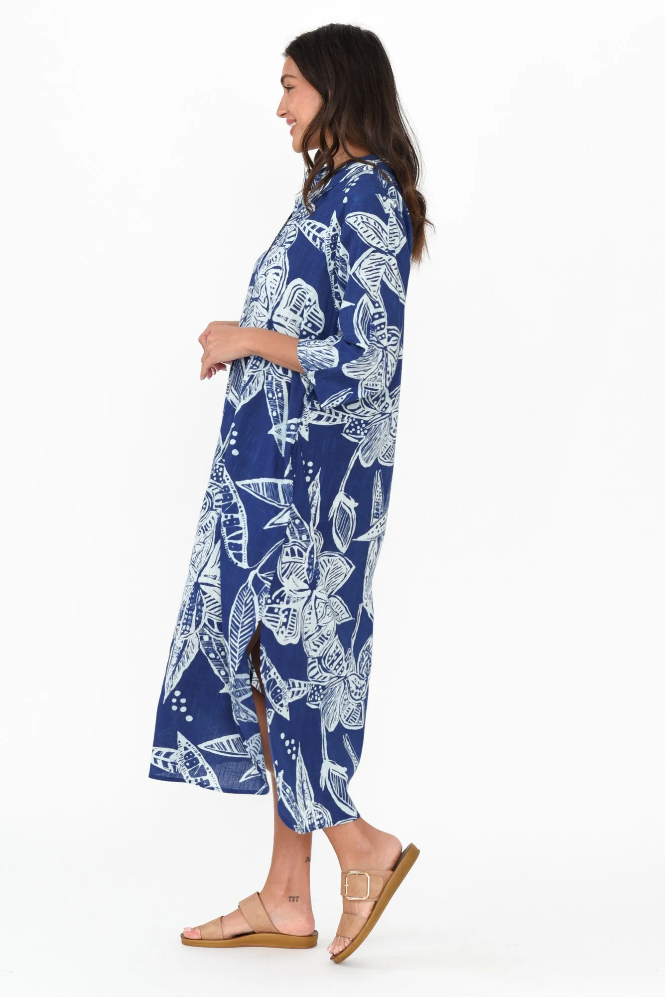 Tricia Blue Tropical Cotton Shirt Dress sold by Blue Bungalow product image thumbnail 3