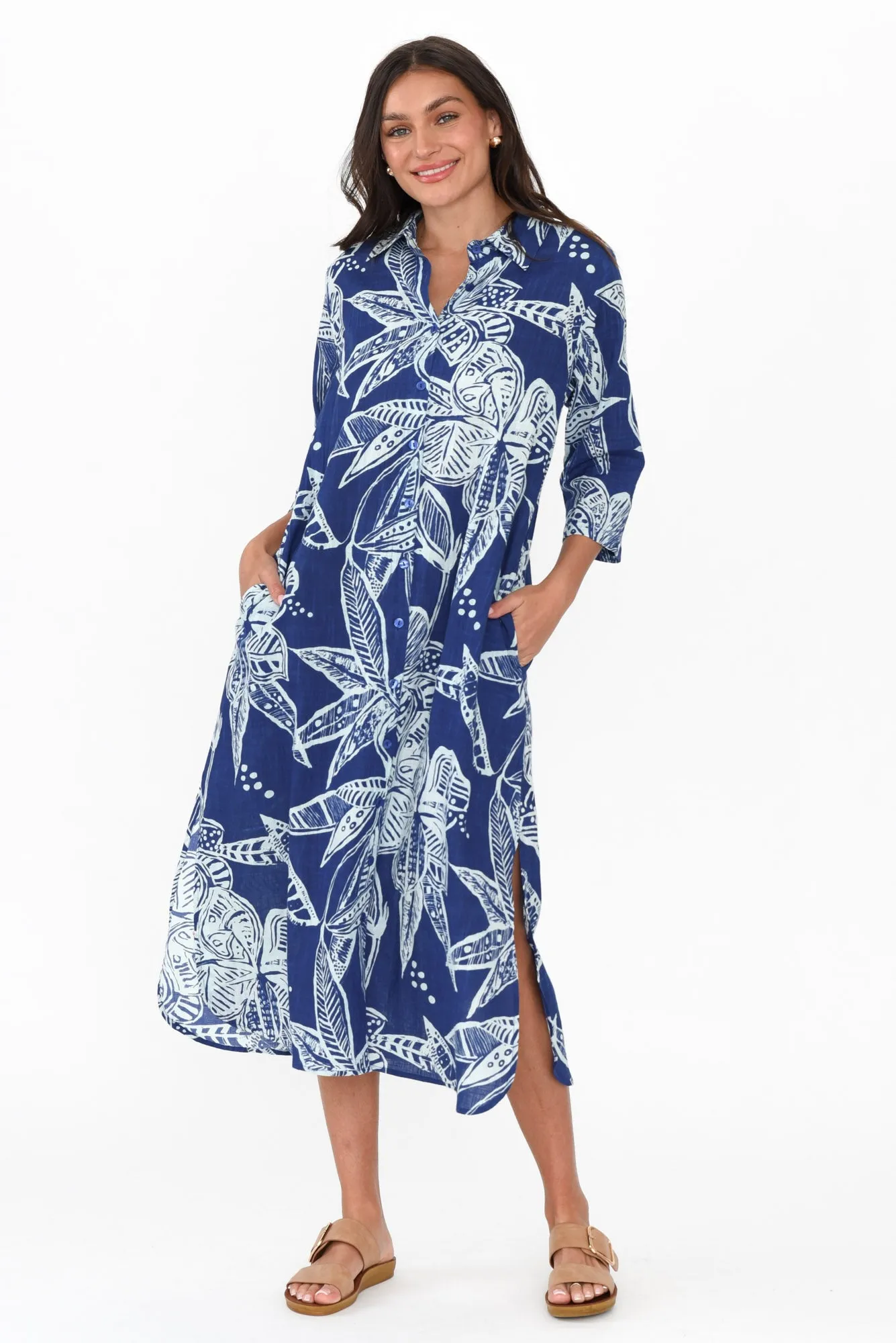Tricia Blue Tropical Cotton Shirt Dress sold by Blue Bungalow product image thumbnail 2