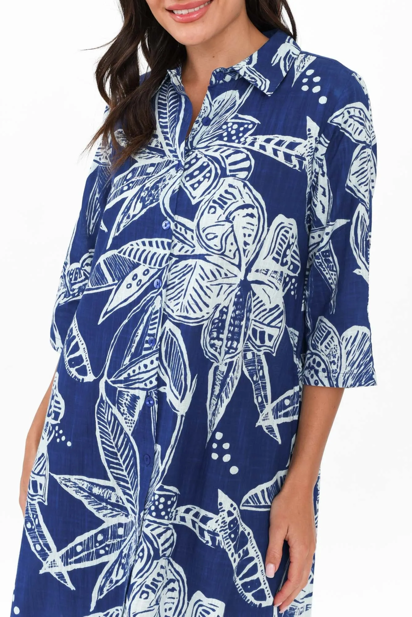 Tricia Blue Tropical Cotton Shirt Dress sold by Blue Bungalow product image thumbnail 5
