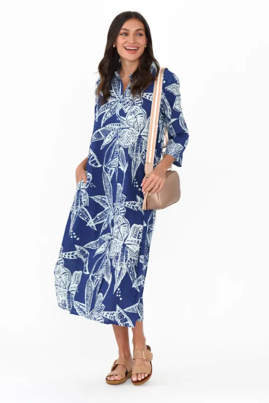 Tricia Blue Tropical Cotton Shirt Dress sold by Blue Bungalow