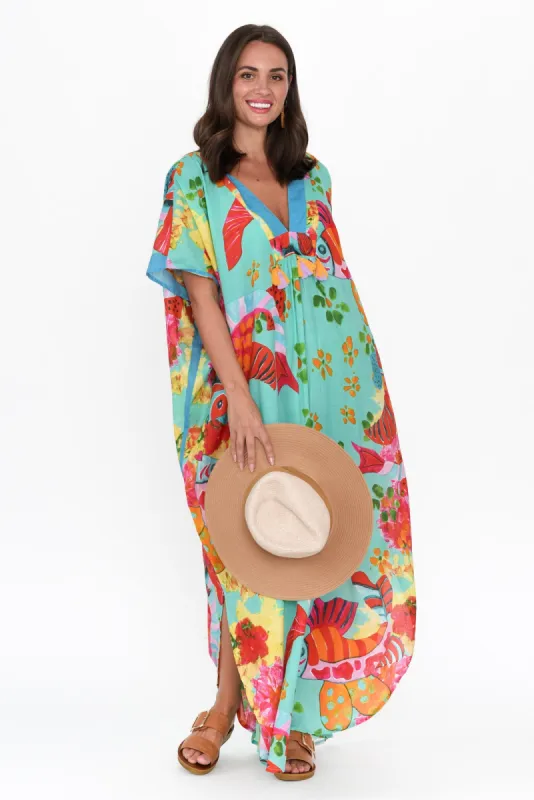 Tiwi Teal Sea Cotton Kaftan sold by Blue Bungalow