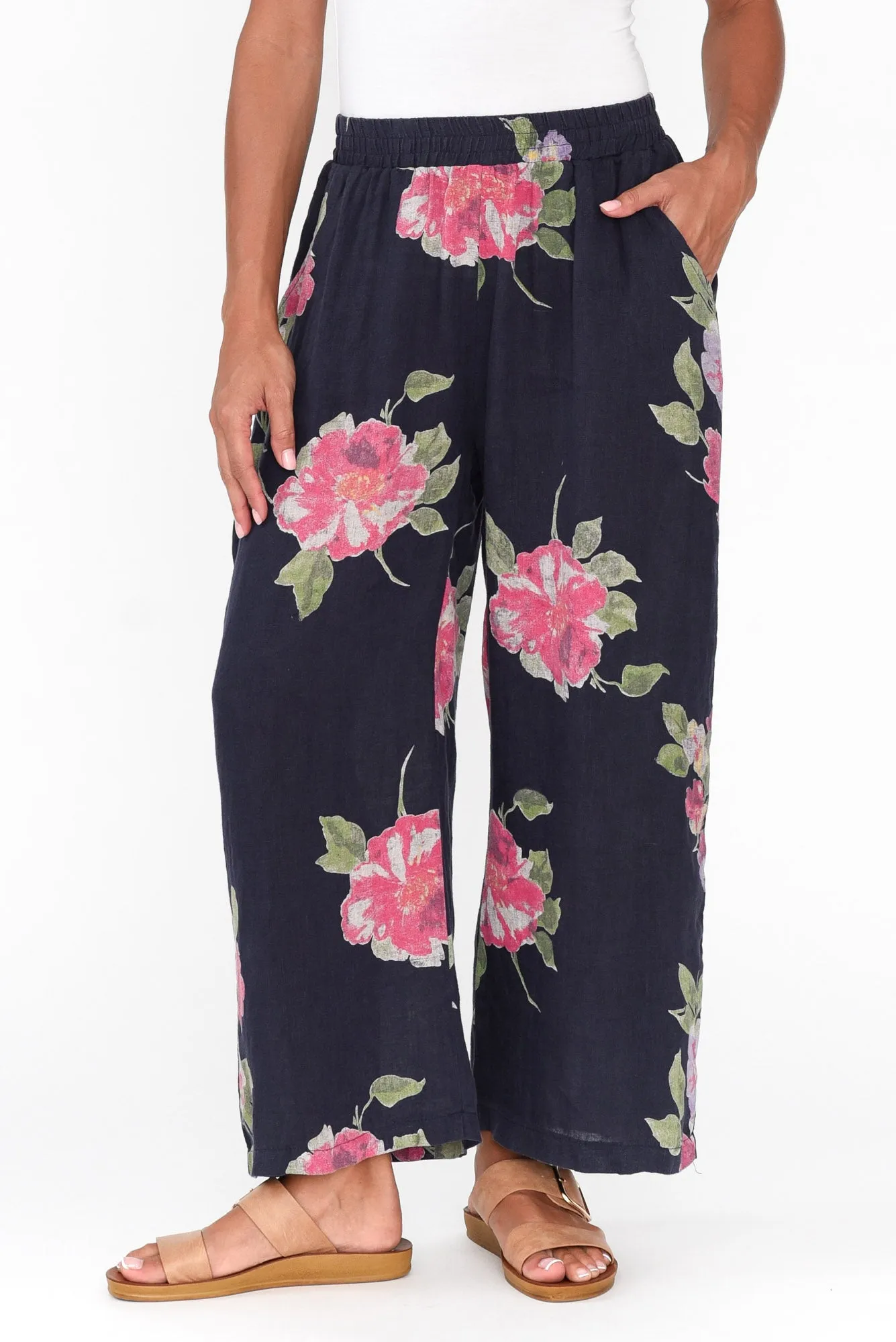 Cheyanne Navy Flower Linen Pants sold by Blue Bungalow
