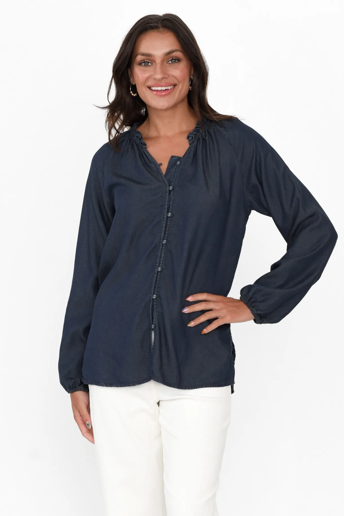 Drew Blue Denim Button Blouse sold by Blue Bungalow