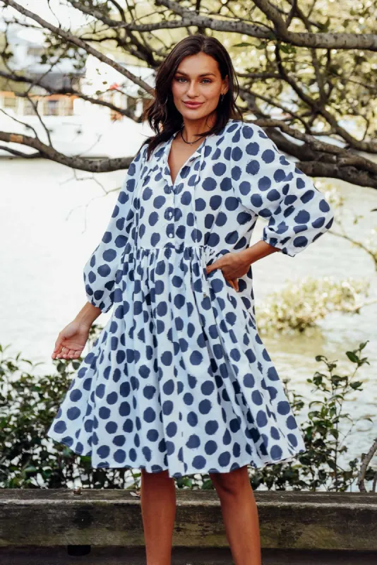 Frieda Navy Spot Cotton Tie Dress sold by Blue Bungalow
