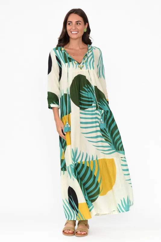 Paz Green Tropical Cotton Dress sold by Blue Bungalow