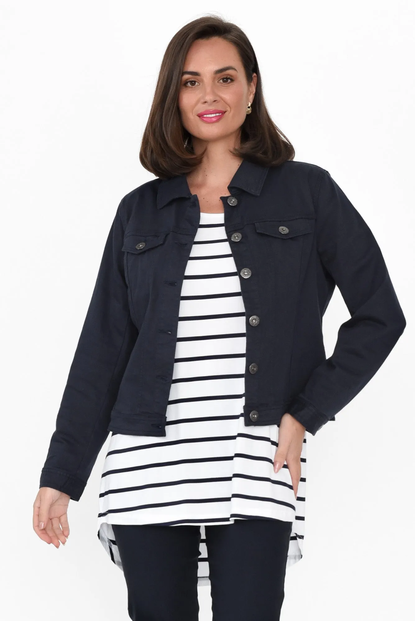 Danielle Navy Stretch Jean Jacket sold by Blue Bungalow