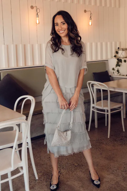 Katerina Silver Silk Overlay Maxi Dress sold by Blue Bungalow