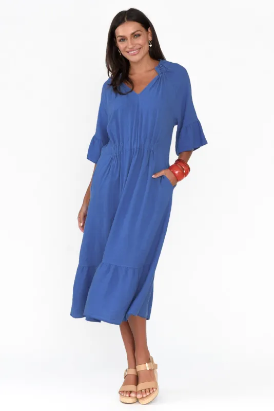 Larentia Blue Linen Gathered Dress sold by Blue Bungalow