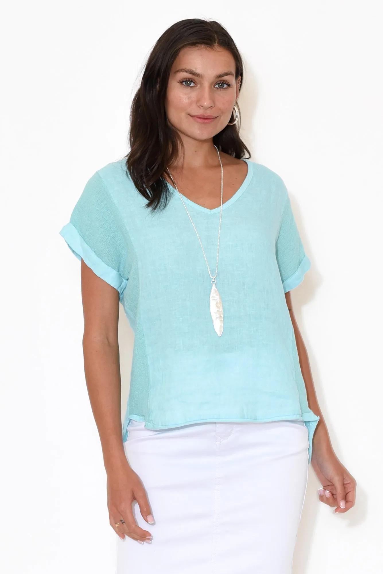 Dorian Turquoise Linen Cotton Top sold by Blue Bungalow
