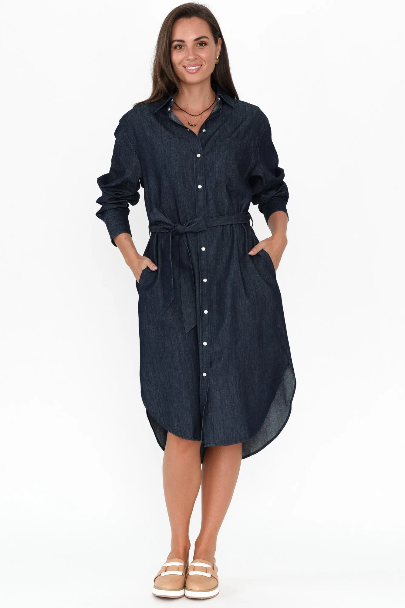 Demi Dark Denim Cotton Tie Dress sold by Blue Bungalow product image thumbnail 2