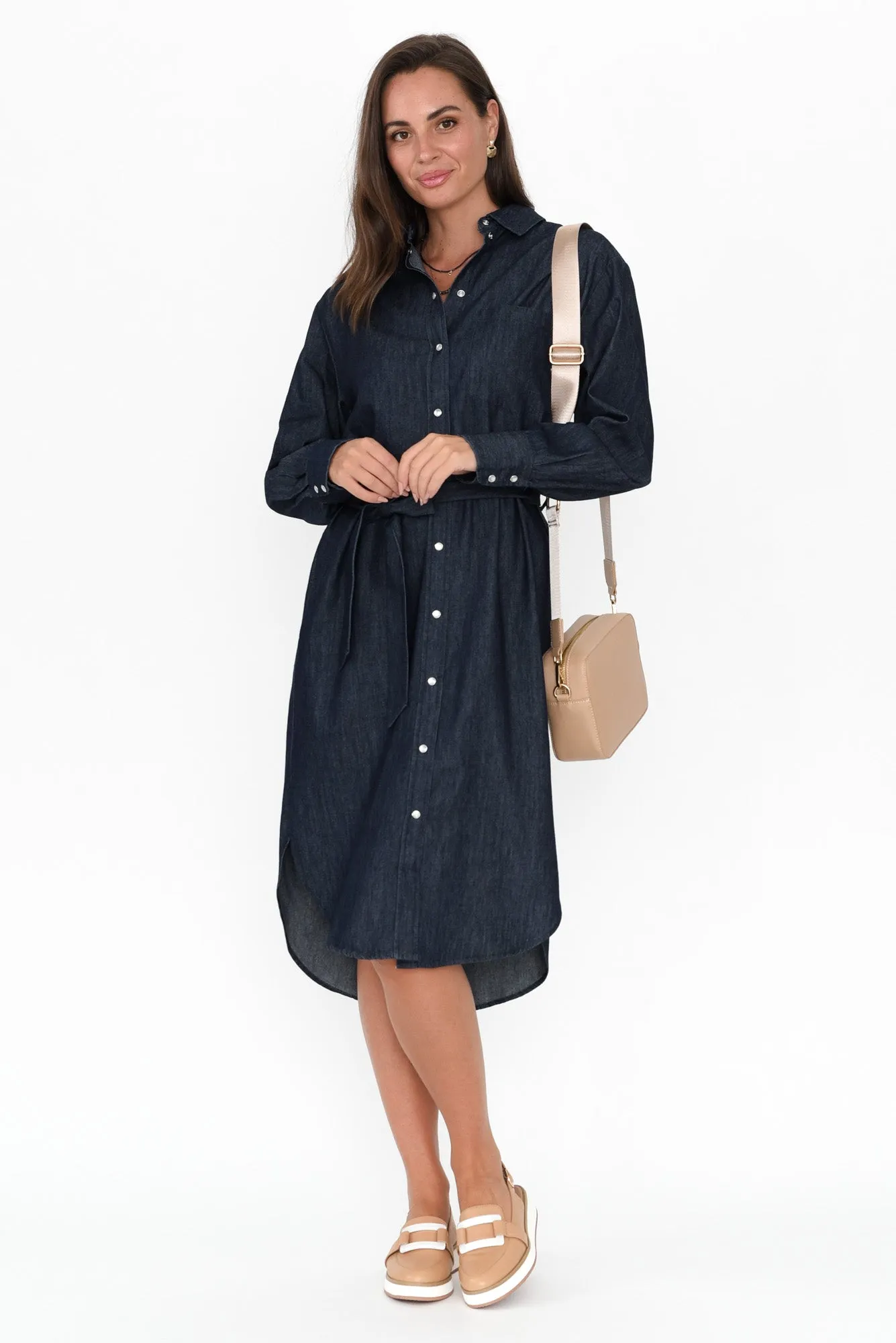 Demi Dark Denim Cotton Tie Dress sold by Blue Bungalow