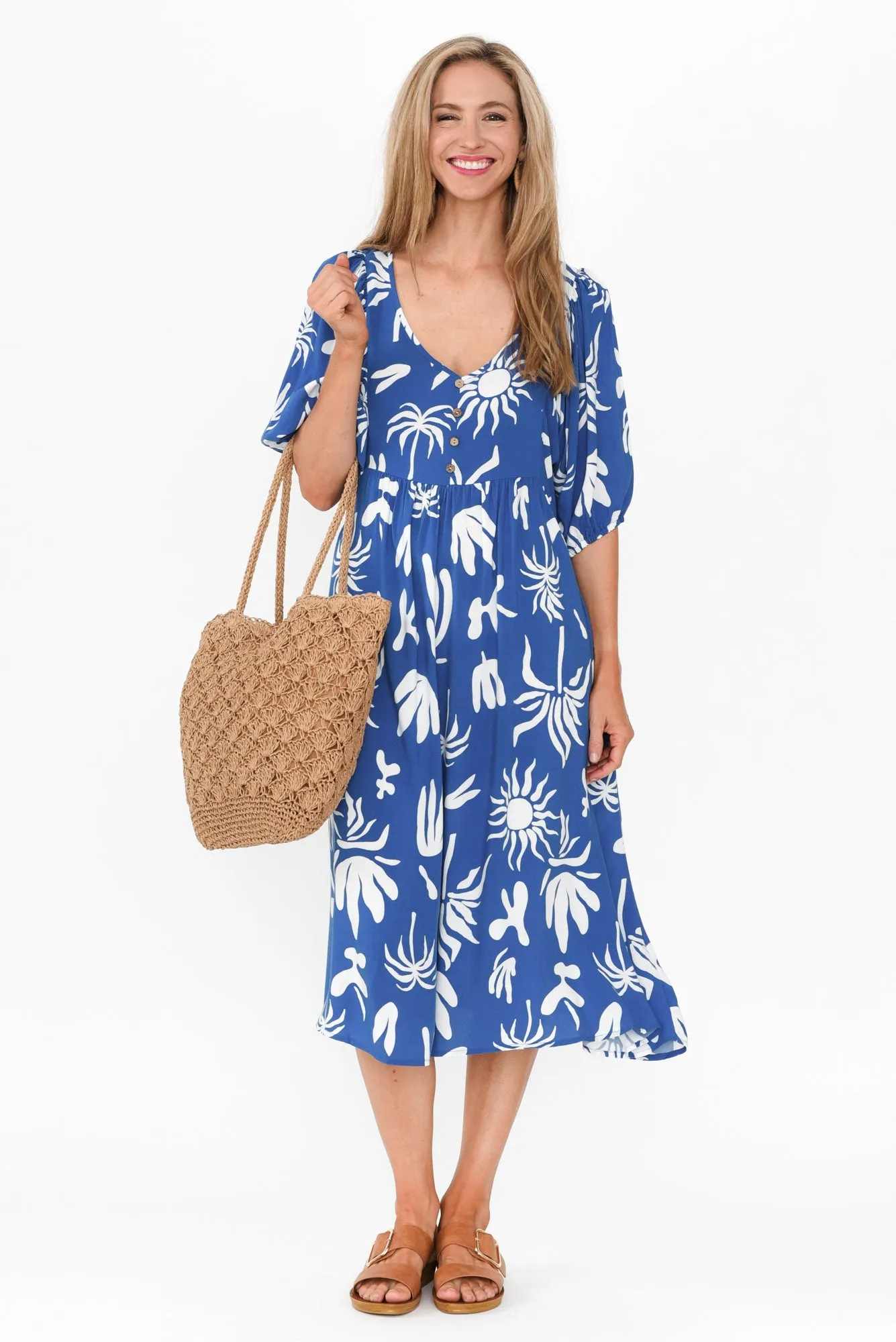 Kacey Blue Tropical Button Dress sold by Blue Bungalow