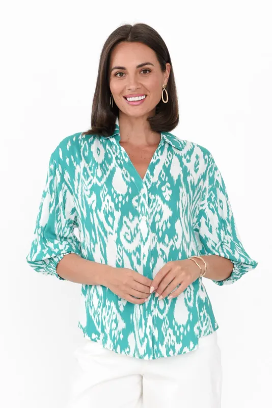 Jemima Turquoise Ikat Shirt sold by Blue Bungalow