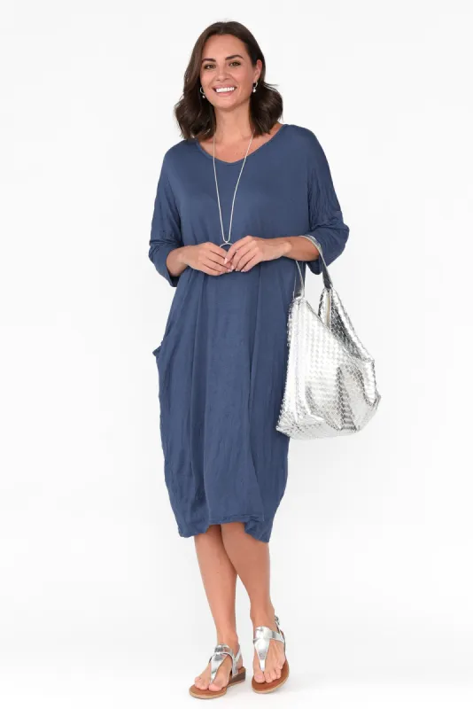 Travel Blue Crinkle Cotton Sleeved Dress sold by Blue Bungalow