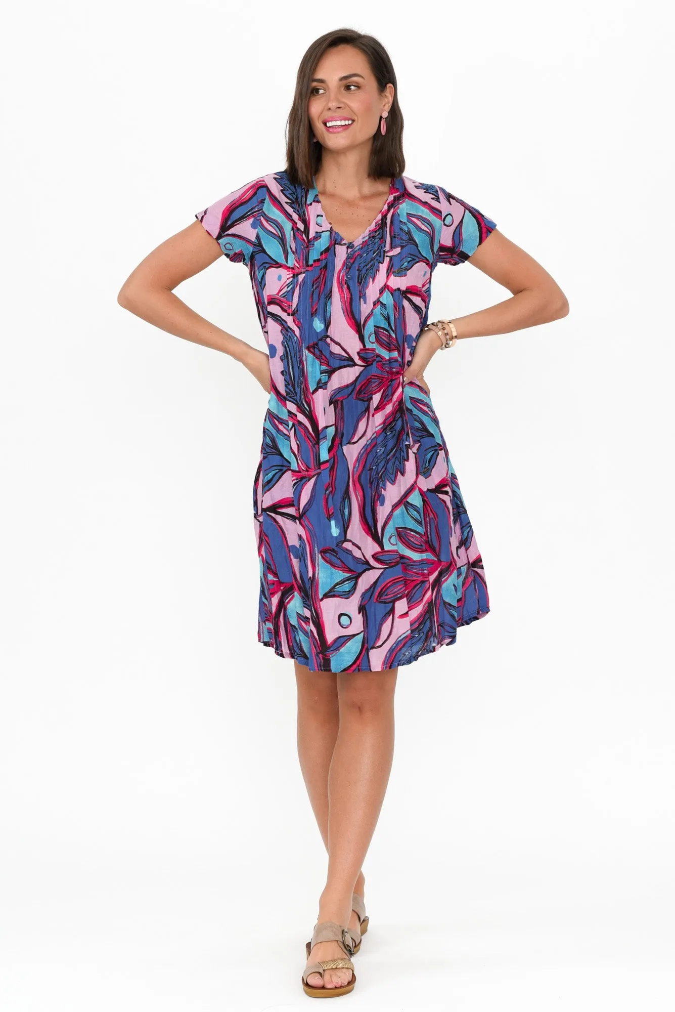 Sabina Pink Botanical Crinkle Cotton Dress sold by Blue Bungalow