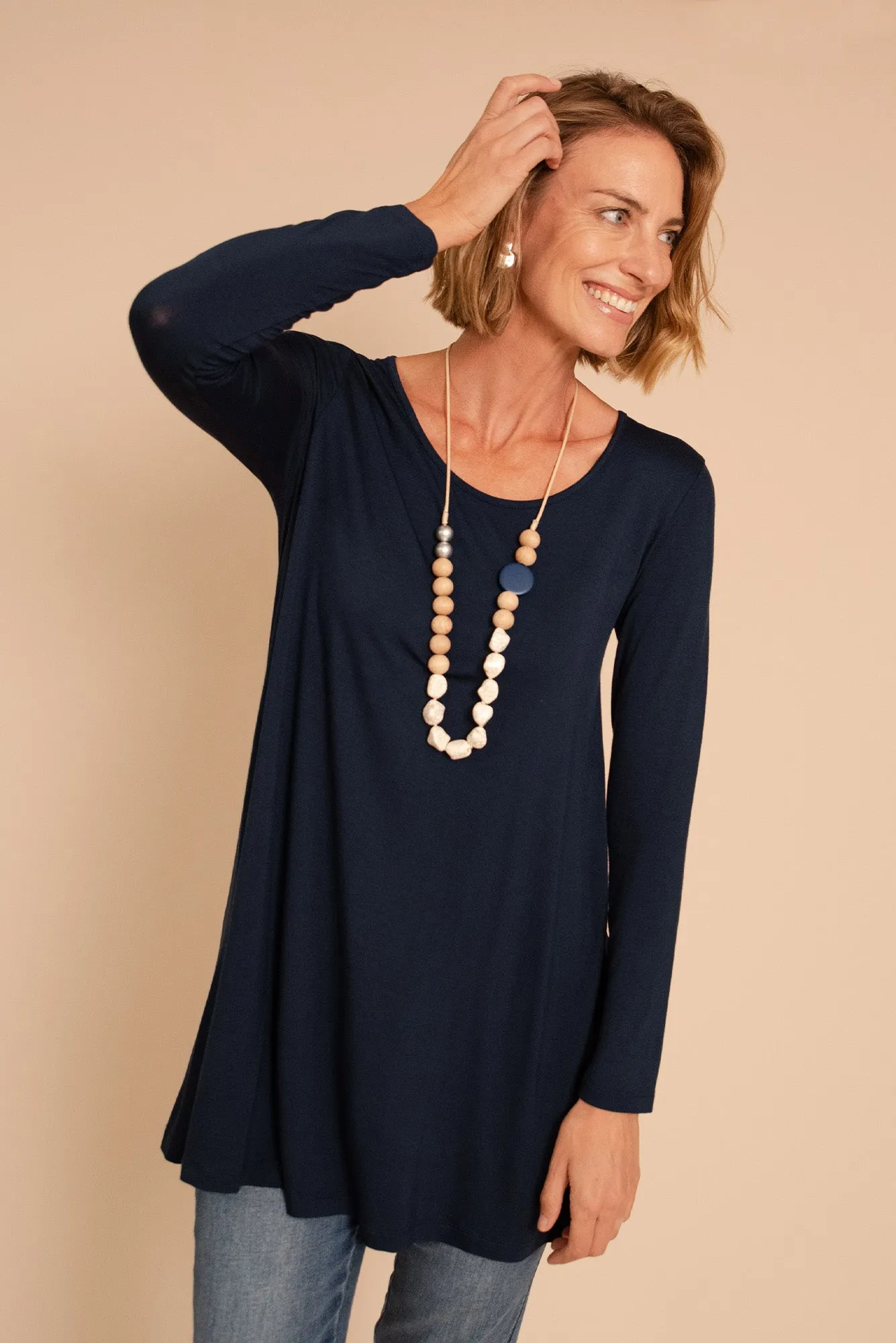 Leanne Dark Navy Bamboo Tunic Top sold by Blue Bungalow