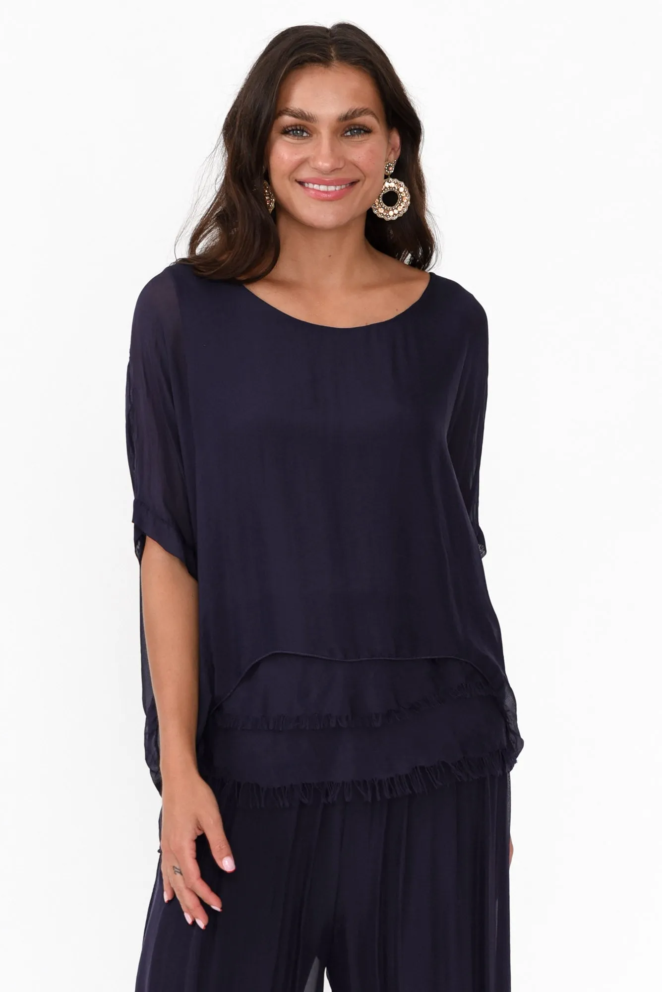 Talia Navy Silk Layer Top sold by Blue Bungalow