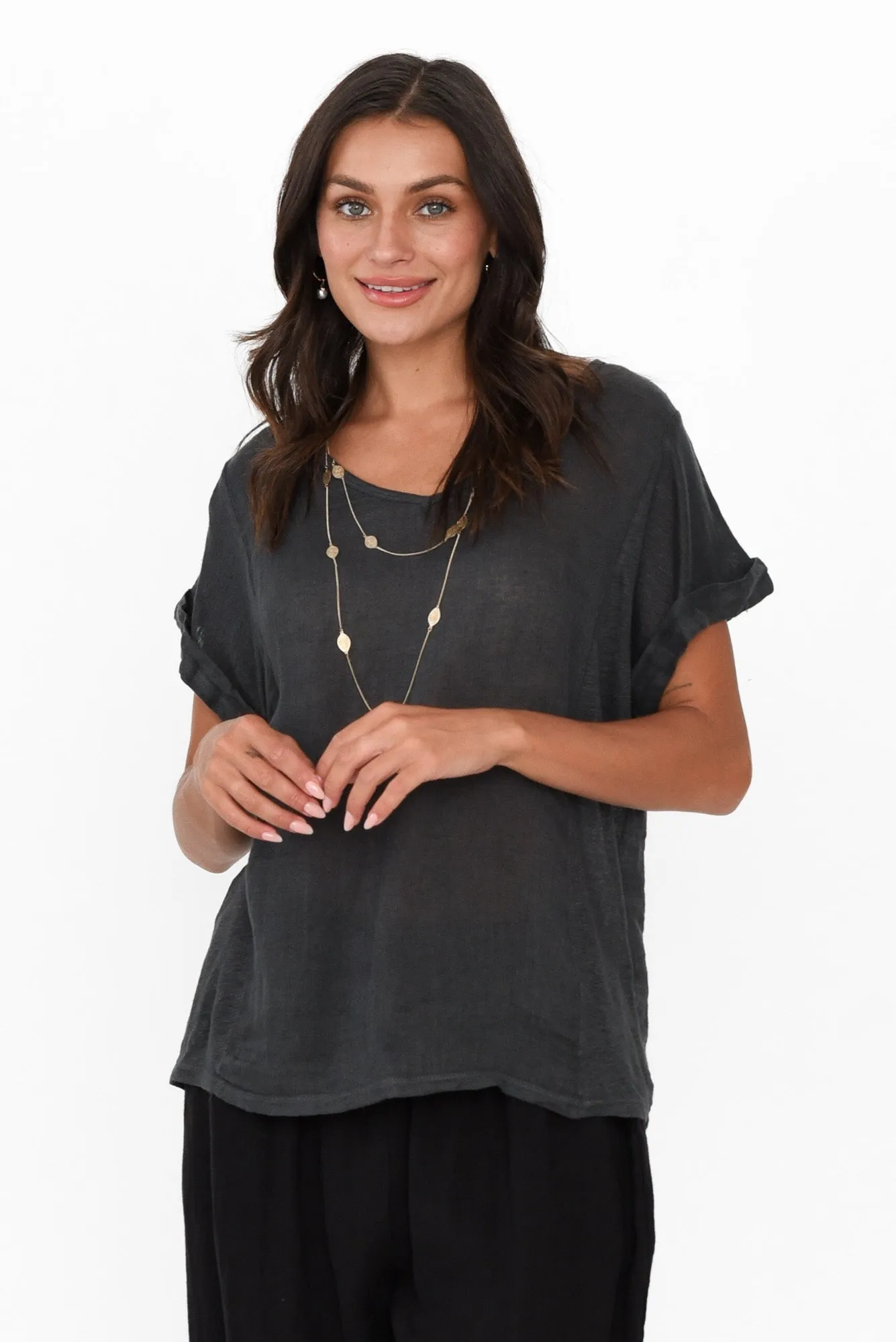 Anna Charcoal Linen Tee sold by Blue Bungalow