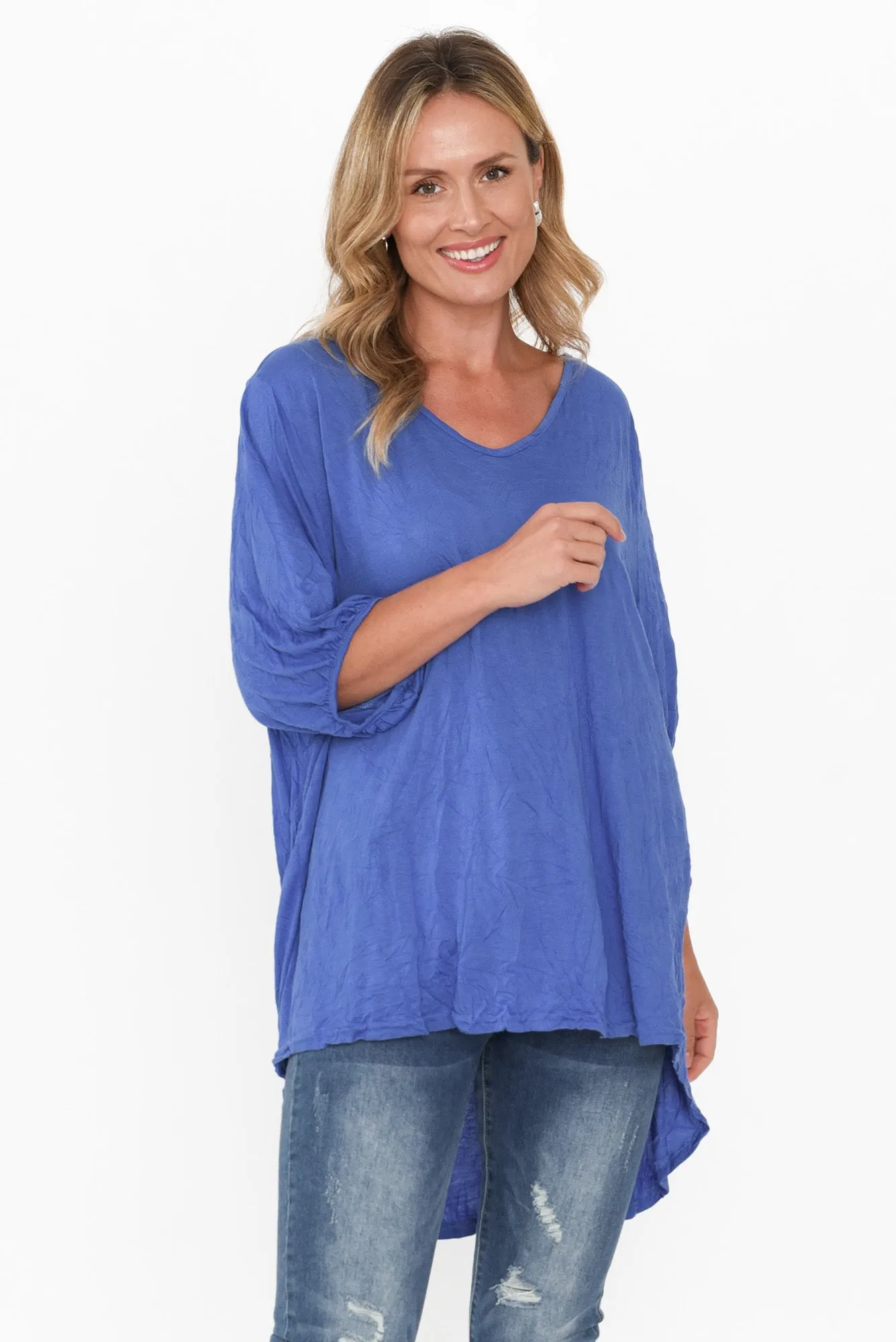 Agnes Cobalt Crinkle Cotton Hi Lo Top sold by Blue Bungalow