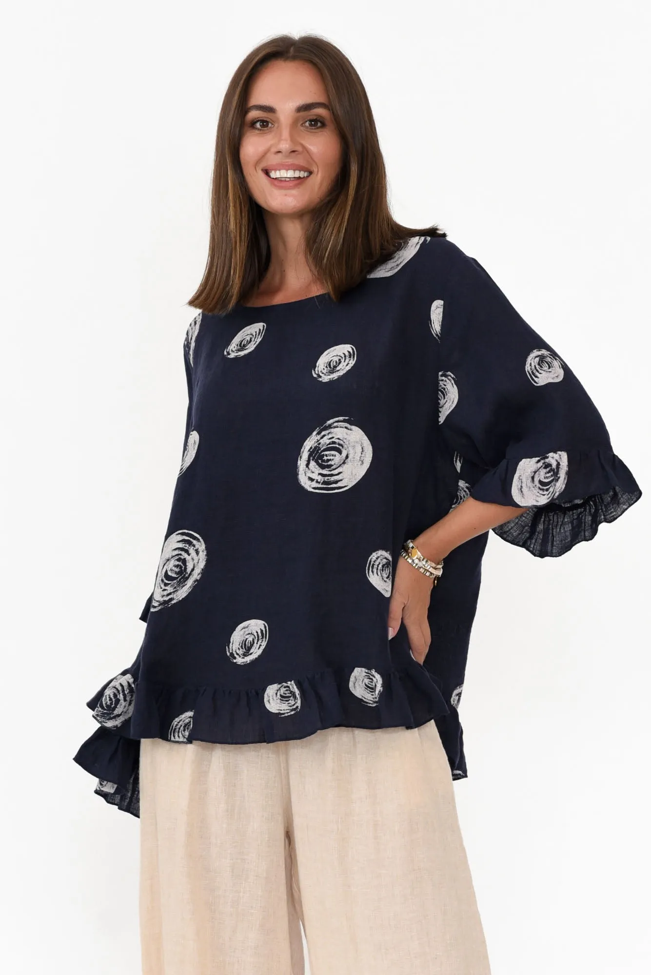 Fitzgerald Navy Spot Linen Frill Top sold by Blue Bungalow product image thumbnail 2