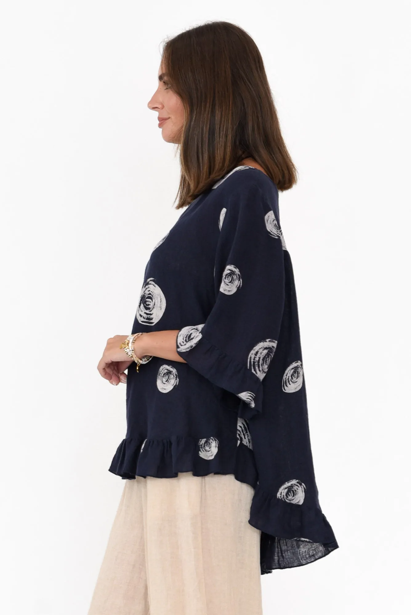 Fitzgerald Navy Spot Linen Frill Top sold by Blue Bungalow product image thumbnail 4