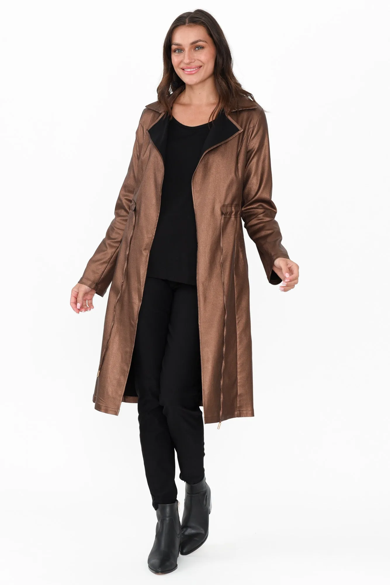 Rois Bronze Faux Leather Trench Coat sold by Blue Bungalow