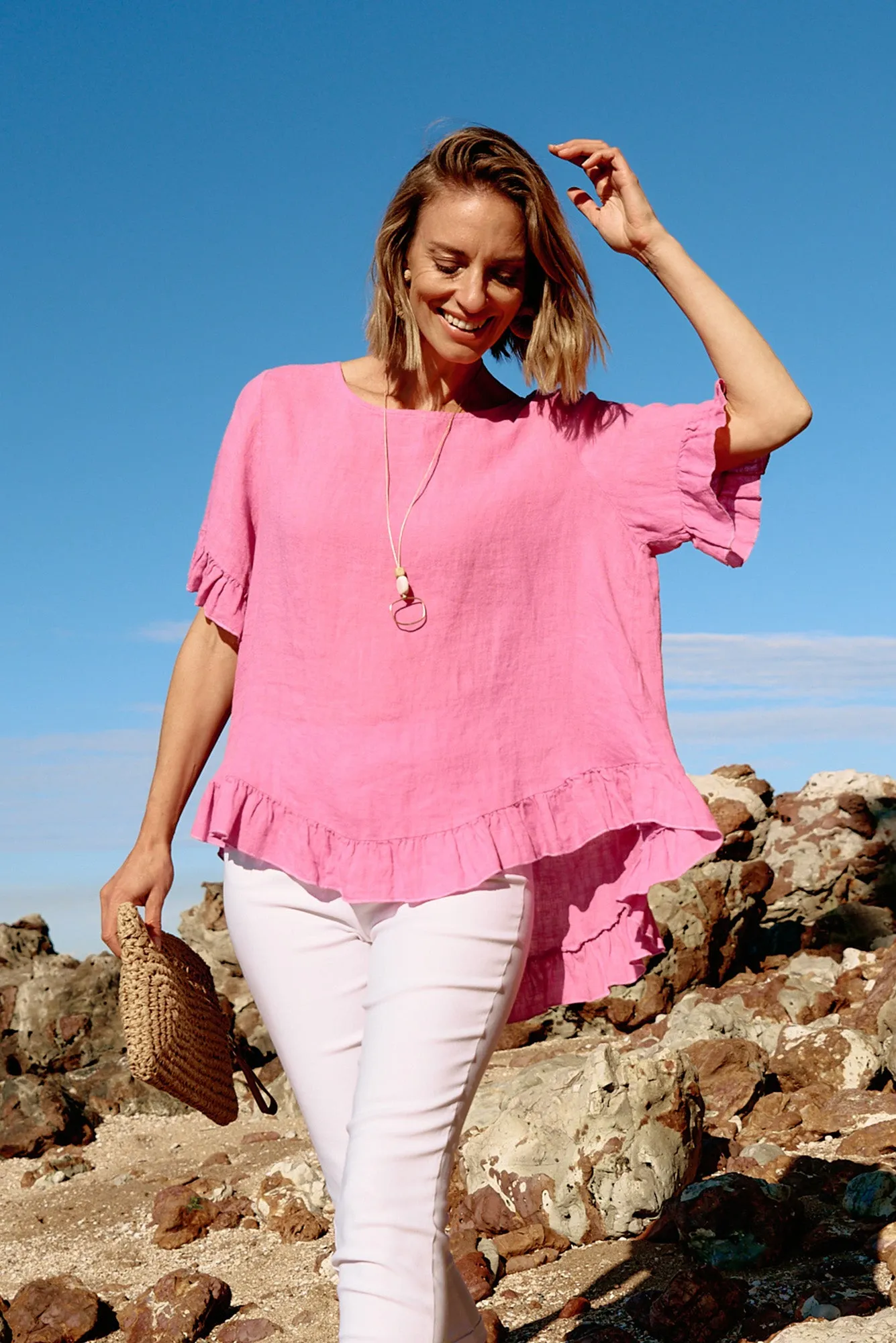 Genevieve Pink Linen Frill Top sold by Blue Bungalow