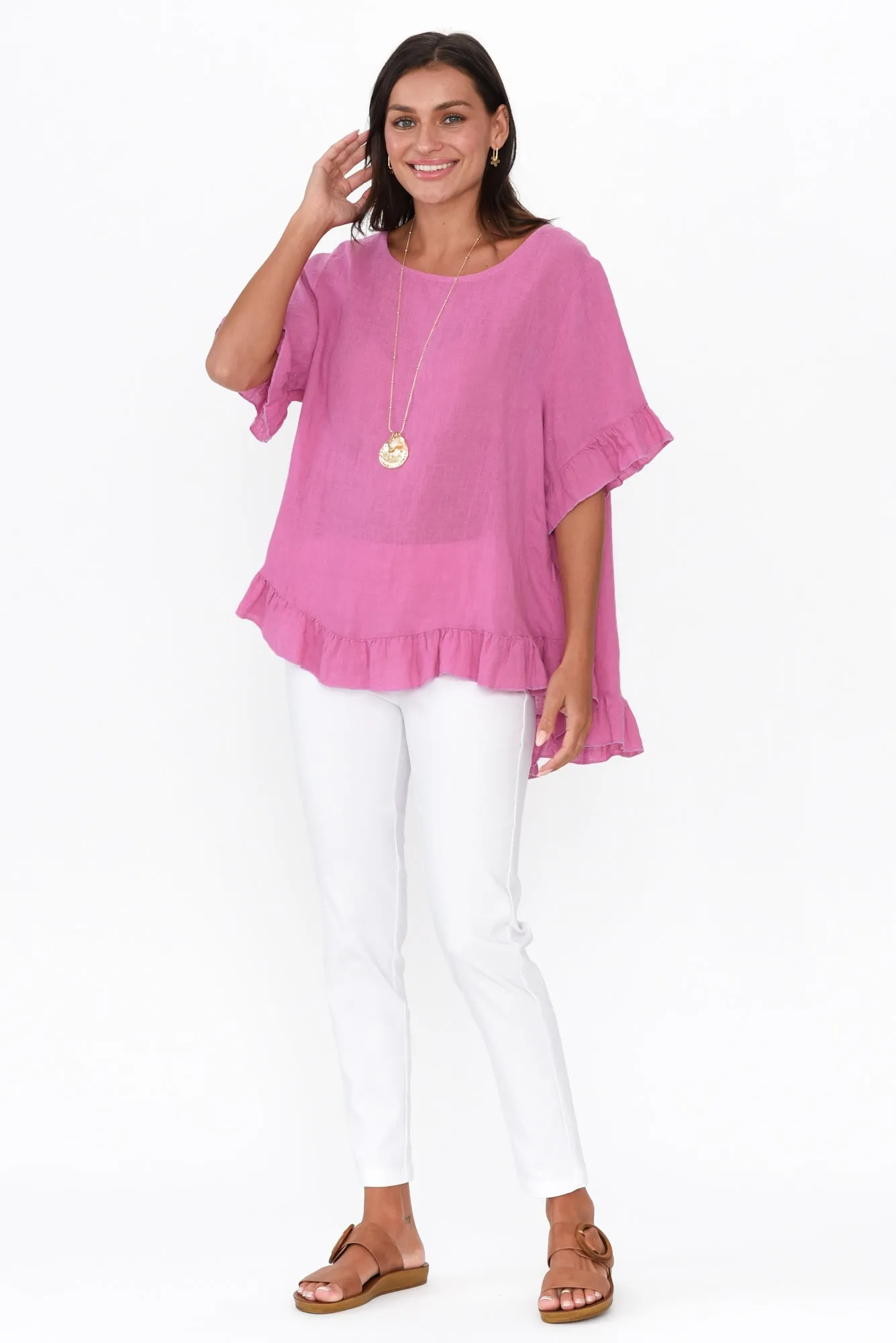 Genevieve Pink Linen Frill Top sold by Blue Bungalow product image thumbnail 3