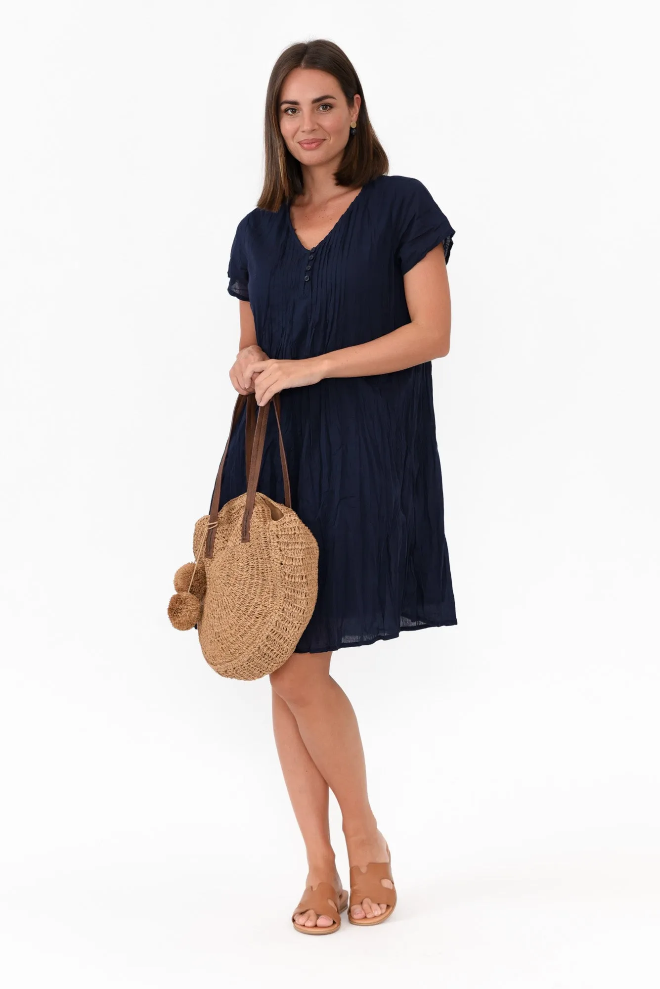 Sabina Navy Crinkle Cotton Dress sold by Blue Bungalow