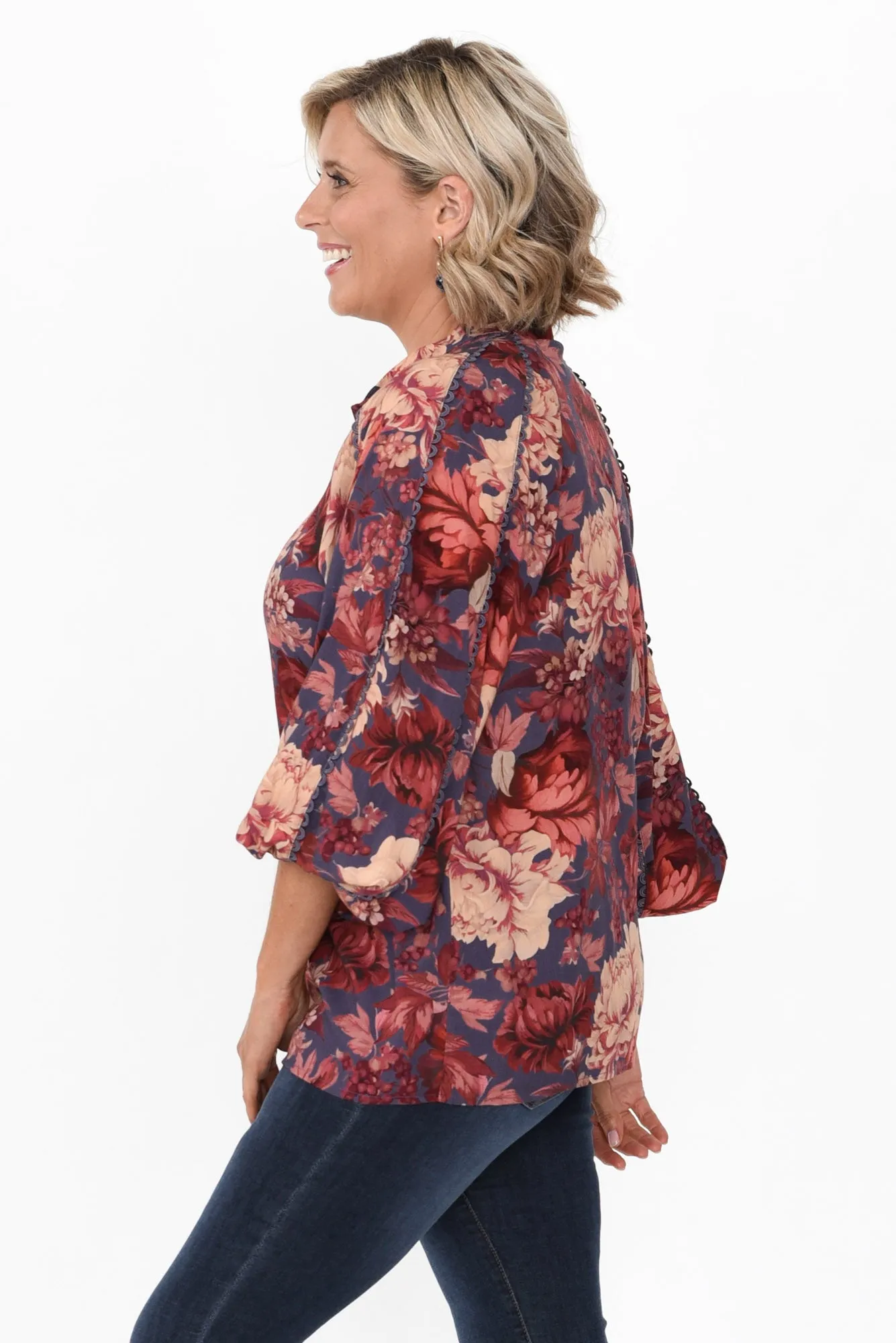 Berry Kiss Red Floral Linen Blend Blouse sold by Blue Bungalow product image thumbnail 3