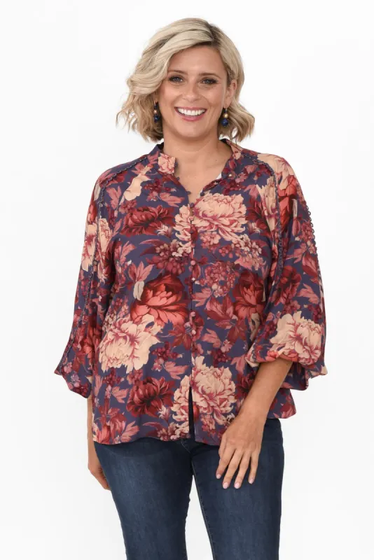 Berry Kiss Red Floral Linen Blend Blouse sold by Blue Bungalow