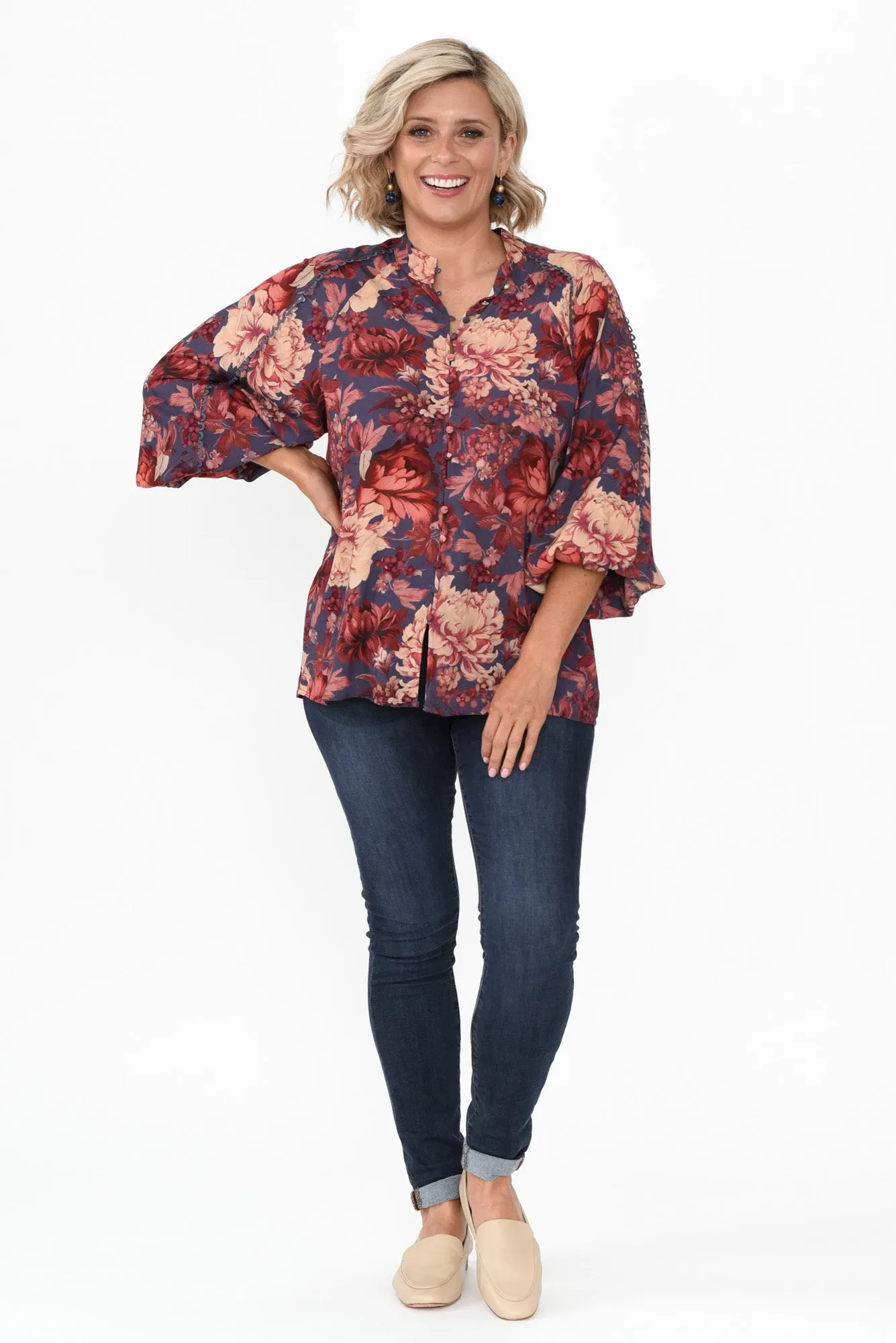Berry Kiss Red Floral Linen Blend Blouse sold by Blue Bungalow product image thumbnail 2