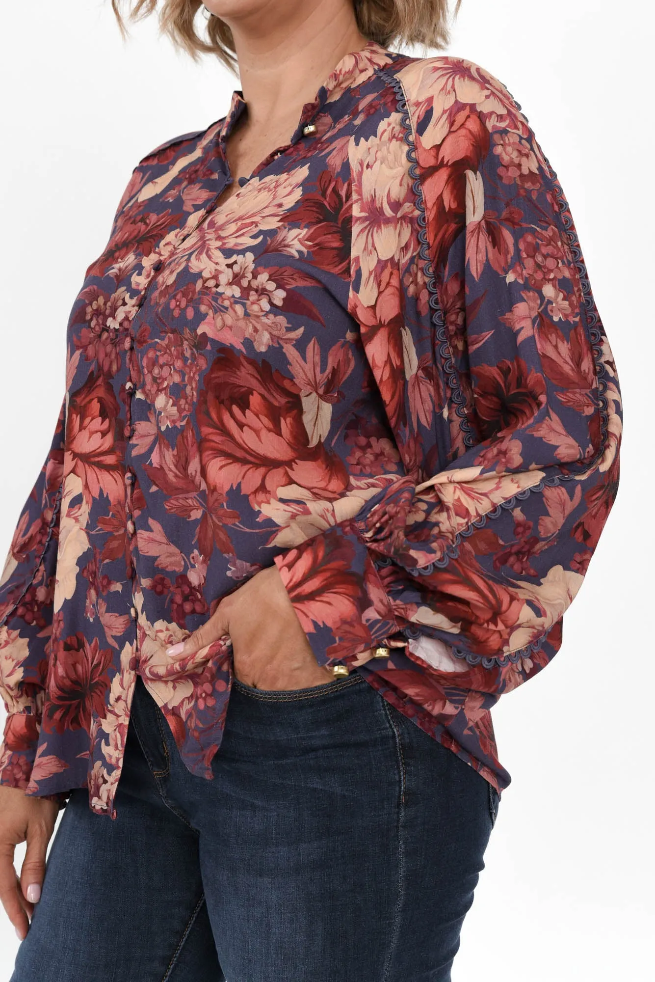 Berry Kiss Red Floral Linen Blend Blouse sold by Blue Bungalow product image thumbnail 5