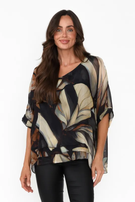 Loddie Black Abstract Silk Top sold by Blue Bungalow