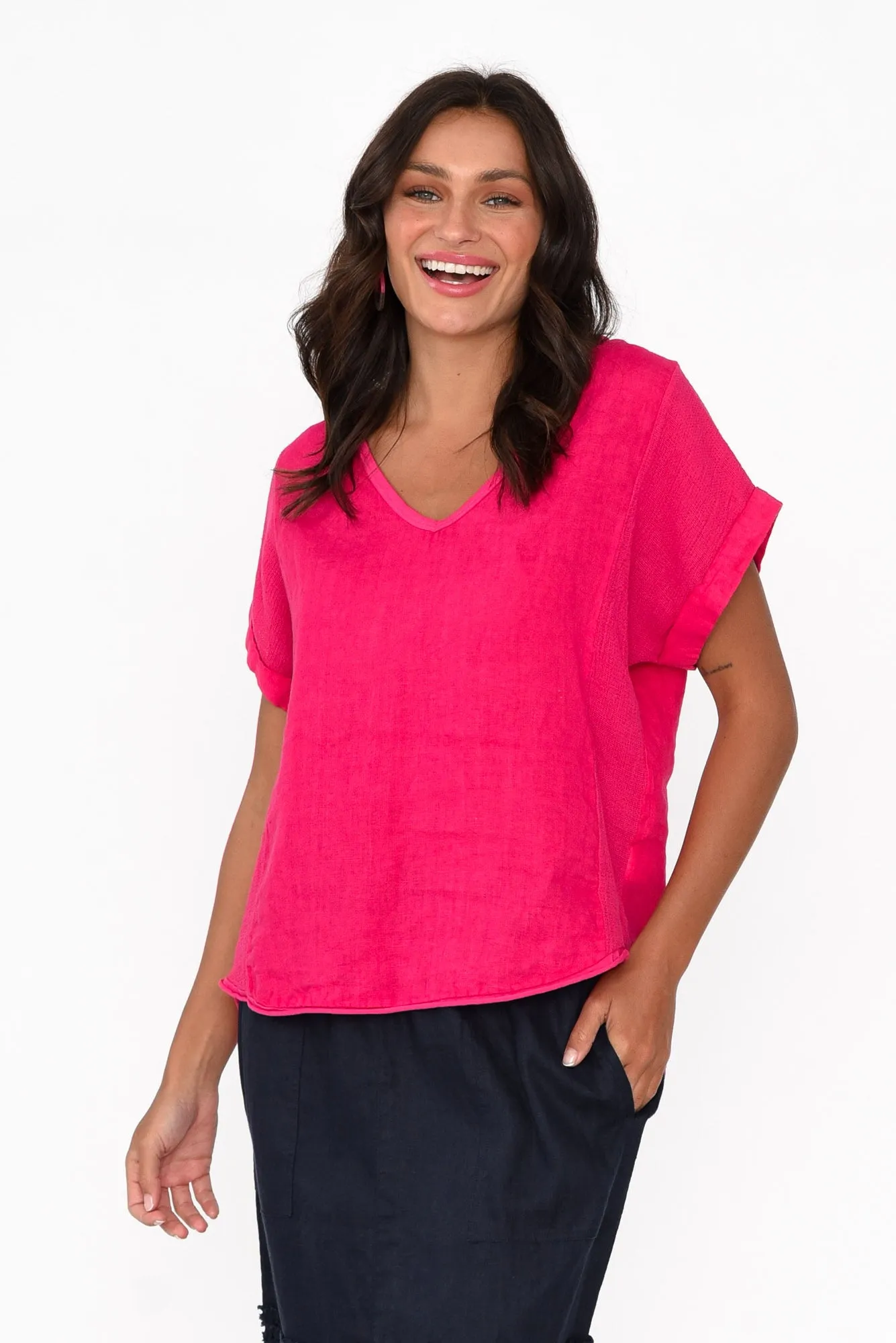 Dorian Hot Pink Linen Cotton Top sold by Blue Bungalow