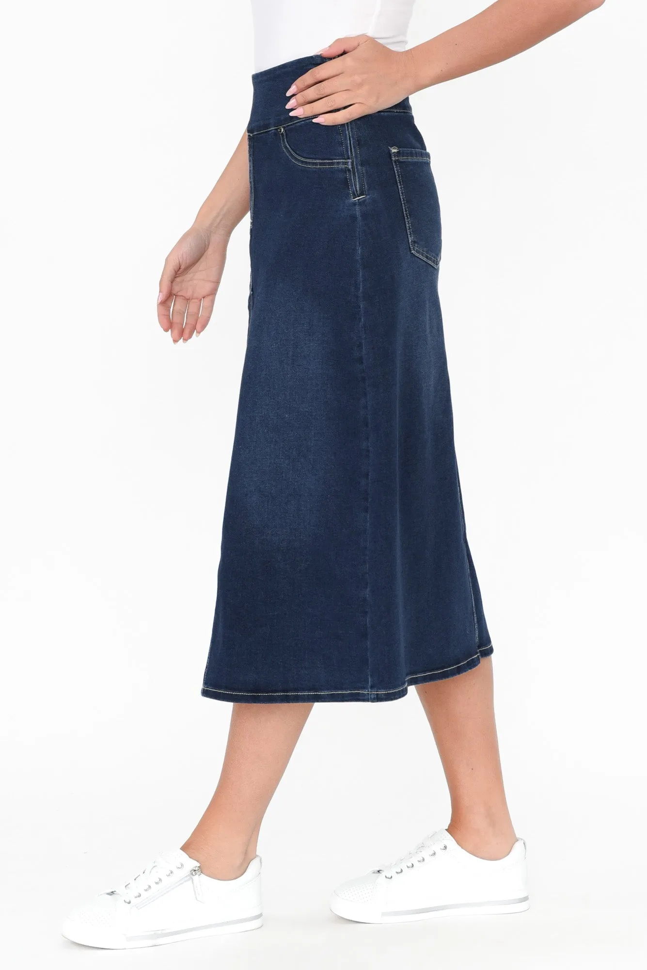 Shelby Navy Denim Stretch Skirt sold by Blue Bungalow product image thumbnail 3