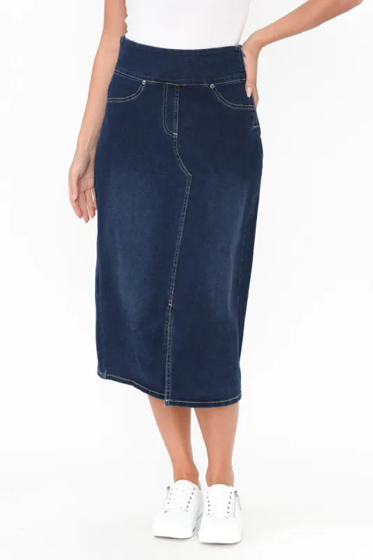 Shelby Navy Denim Stretch Skirt sold by Blue Bungalow