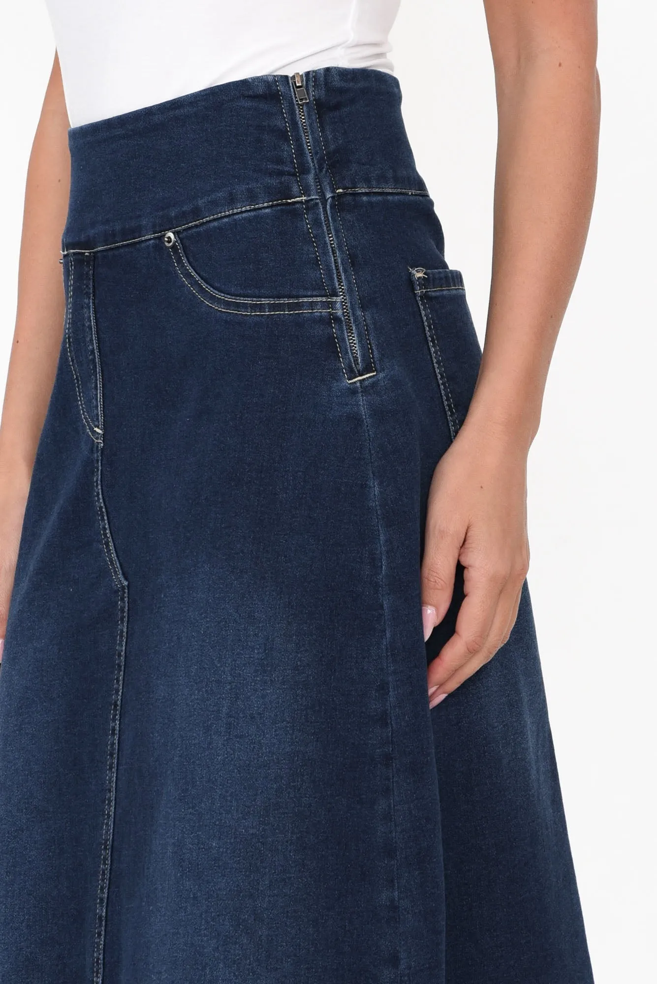 Shelby Navy Denim Stretch Skirt sold by Blue Bungalow product image thumbnail 5