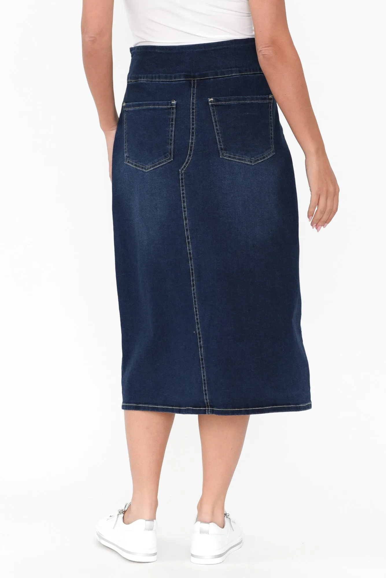 Shelby Navy Denim Stretch Skirt sold by Blue Bungalow product image thumbnail 4