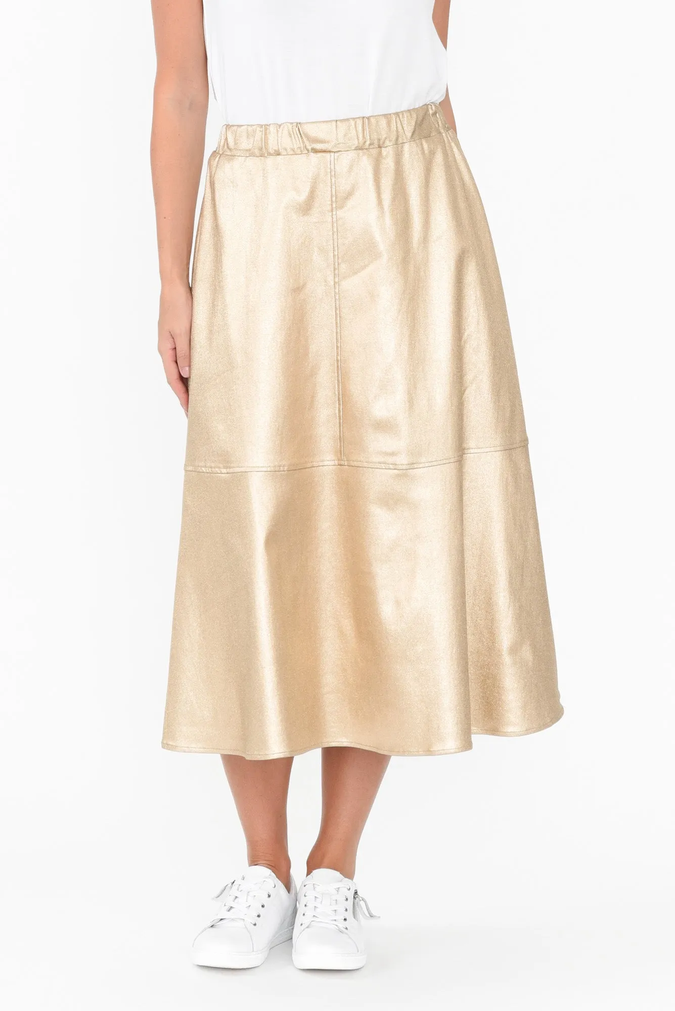 Oriel Gold Faux Leather Midi Skirt sold by Blue Bungalow