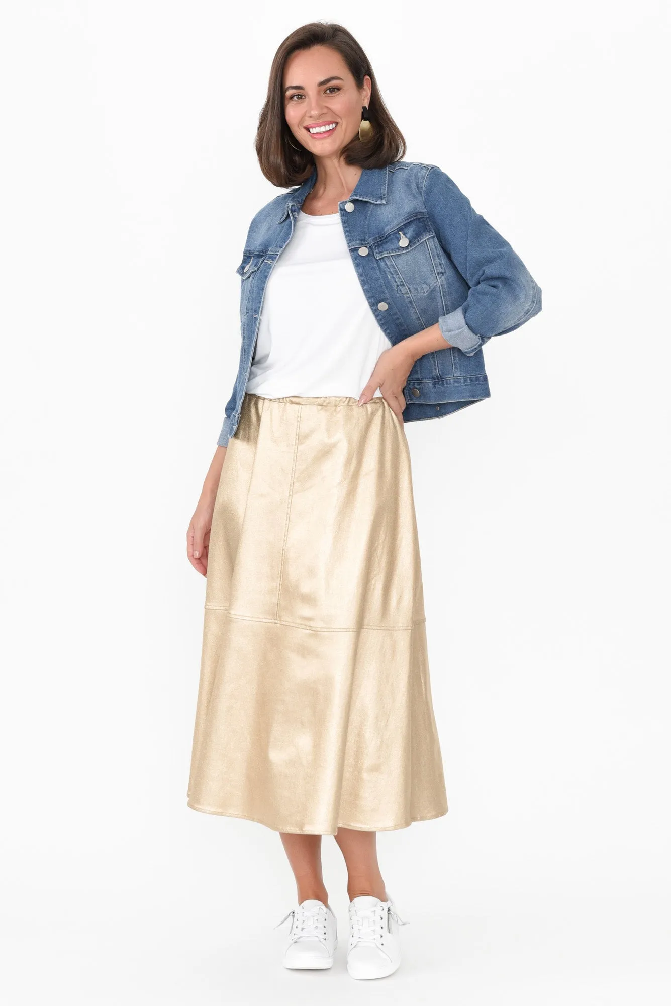 Oriel Gold Faux Leather Midi Skirt sold by Blue Bungalow product image thumbnail 2