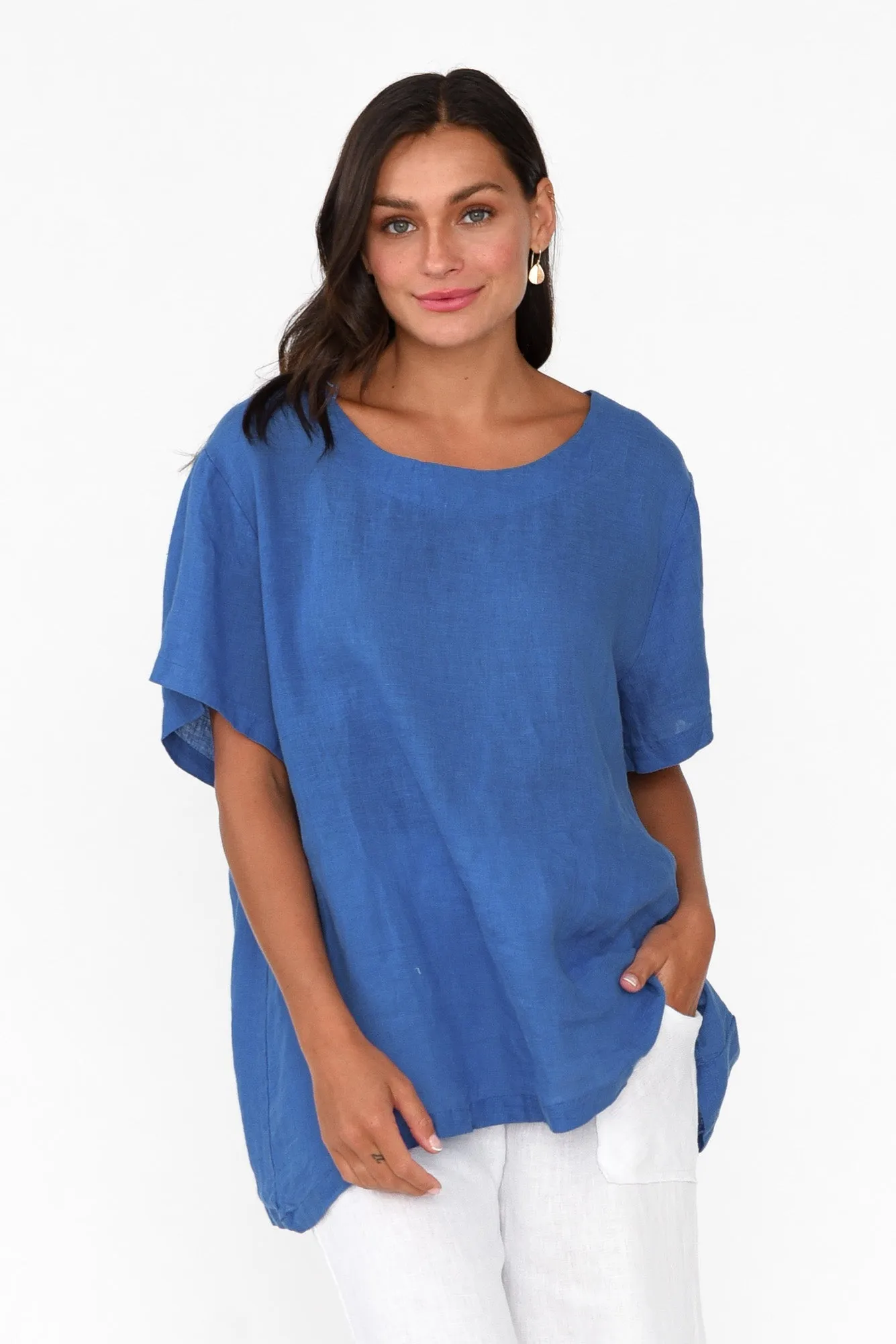 Micah Cobalt Linen Scoop Neck Top sold by Blue Bungalow