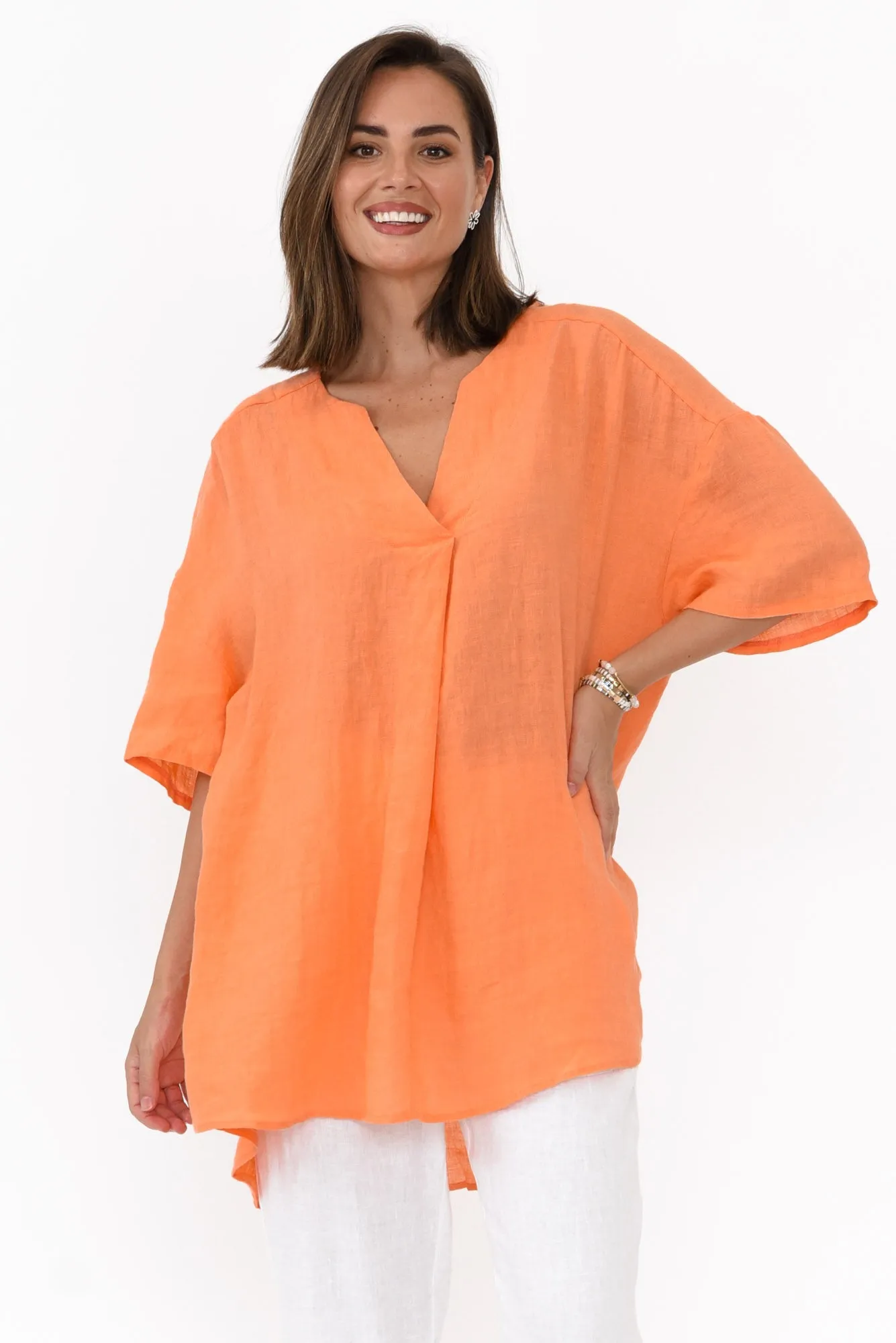 Holland Orange Linen V Neck Tunic sold by Blue Bungalow