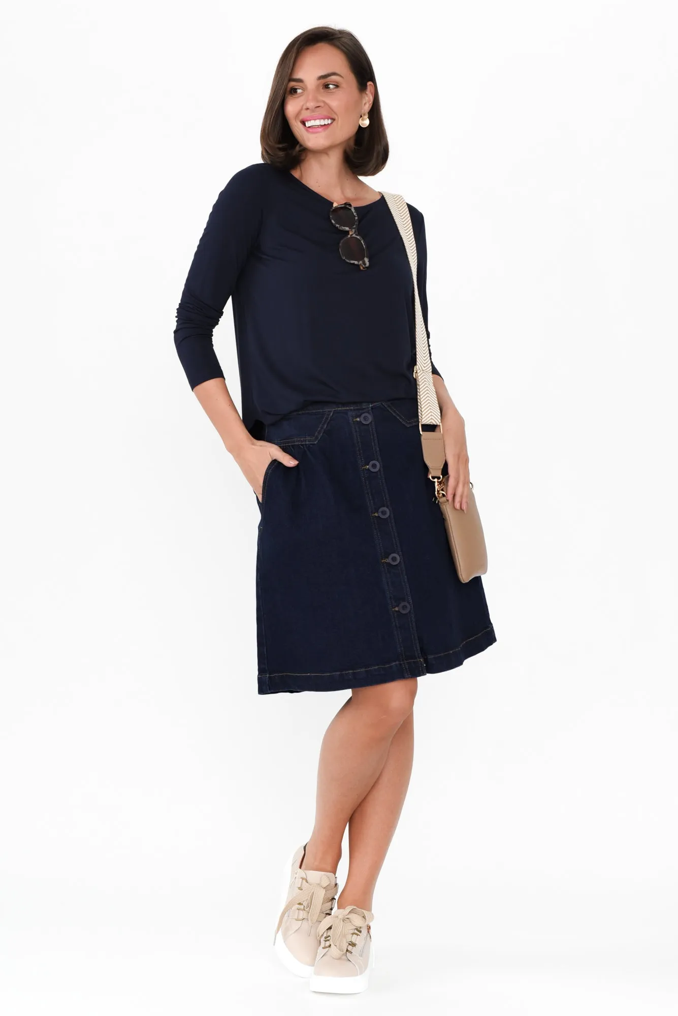 Amanda Dark Blue Stretch Denim Skirt sold by Blue Bungalow product image thumbnail 2