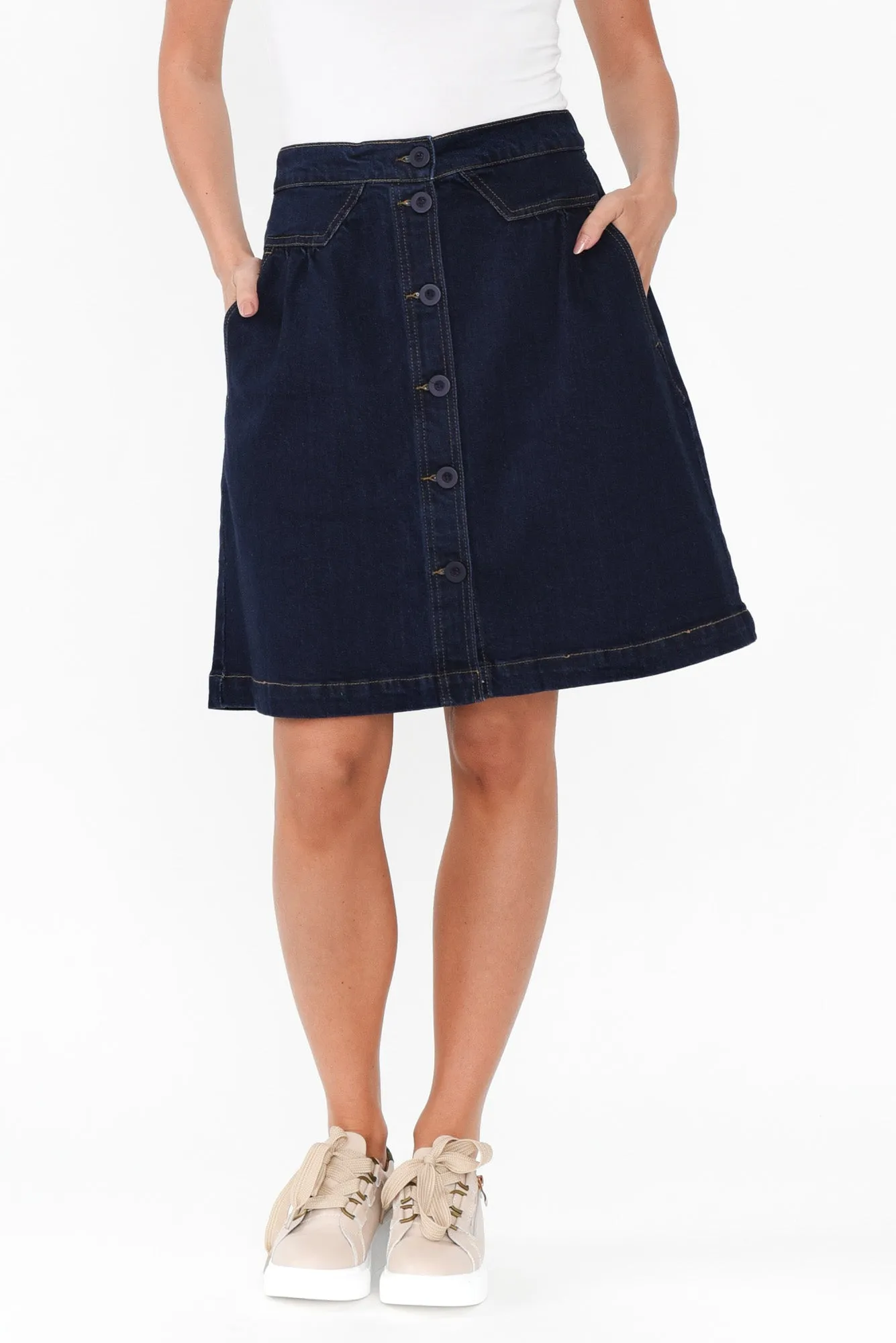 Amanda Dark Blue Stretch Denim Skirt sold by Blue Bungalow