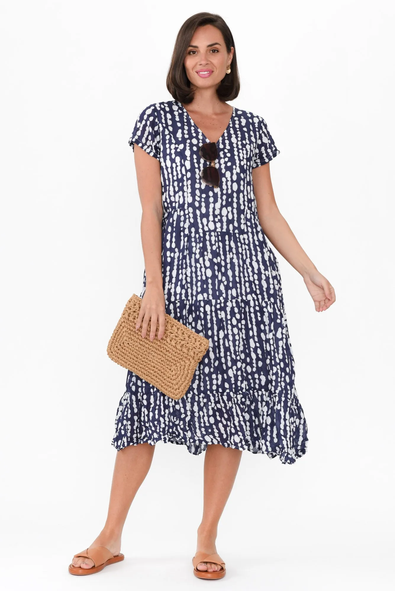 Carmen Navy Speckle Crinkle Cotton Dress sold by Blue Bungalow