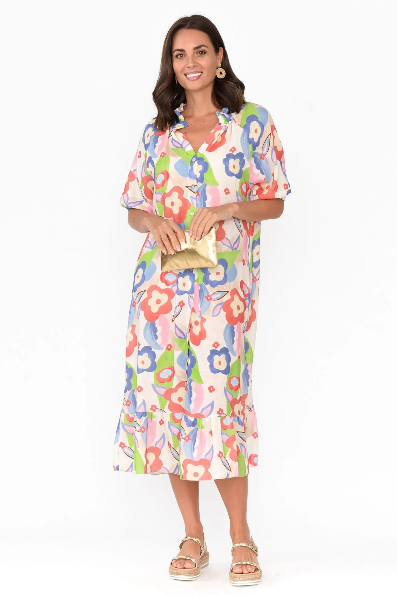 Ulla Blue Floral Linen Cotton Dress sold by Blue Bungalow