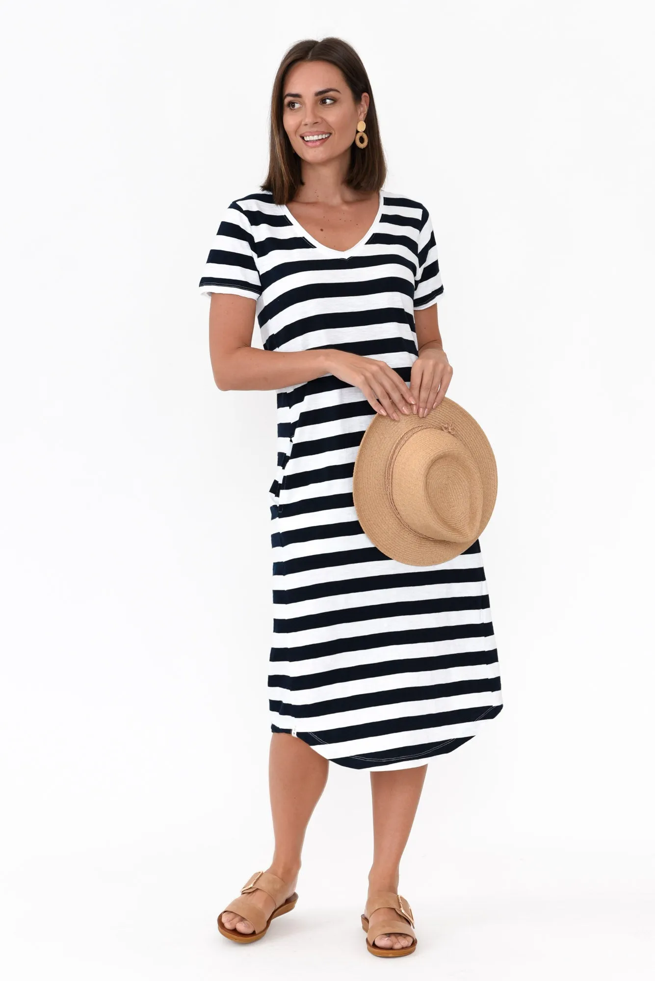 Maeve Navy Stripe Cotton Midi Dress sold by Blue Bungalow